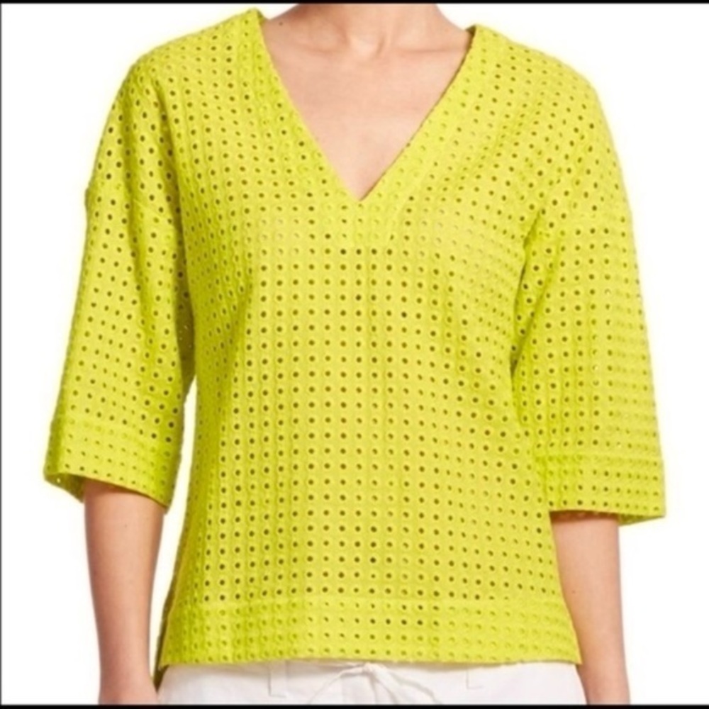 Theory Nolani Neon Yellow Embroidered Eyelet Short Sleeve Top XS
